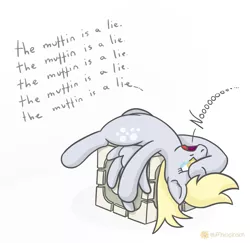 Size: 1467x1424 | Tagged: safe, artist:muffinexplosion, derpibooru import, derpy hooves, pegasus, pony, companion cube, crossover, female, mare, portal (valve), the cake is a lie