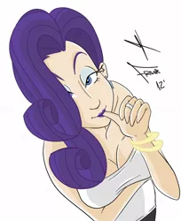 Size: 1136x1392 | Tagged: artist:frankaraya, big breasts, bracelet, breasts, busty rarity, cleavage, derpibooru import, ear piercing, earring, eyeshadow, female, hair over one eye, human, humanized, jewelry, makeup, piercing, raised eyebrows, rarity, ring, solo, solo female, suggestive