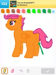 Size: 500x667 | Tagged: safe, artist:drawsomeponies, derpibooru import, scootaloo, pegasus, pony, butt, chicken butt, draw something, image, jpeg, plot, scootabutt