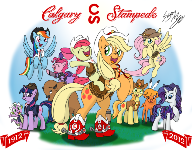 Size: 1024x800 | Tagged: apple bloom, applejack, artist:blood-asp0123, braeburn, derpibooru import, fluttershy, little strongheart, pinkie pie, rainbow dash, rarity, safe, saloon pinkie, spike, twilight sparkle