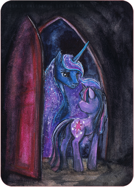 Size: 500x698 | Tagged: safe, artist:cosmicunicorn, derpibooru import, princess luna, twilight sparkle