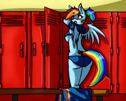 Size: 1280x1024 | Tagged: alternate hairstyle, anthro, artist:avante92, breasts, busty rainbow dash, clothes, derpibooru import, female, locker room, panties, ponytail, rainbow dash, suggestive, underboob, underwear, undressing