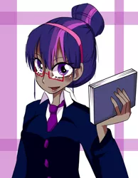 Size: 700x900 | Tagged: abstract background, alternate hairstyle, artist:newjm, clothes, derpibooru import, glasses, hair bun, humanized, necktie, safe, solo, suit, twilight sparkle