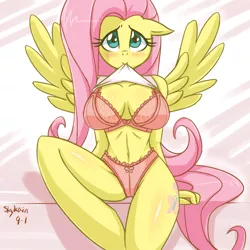 Size: 800x800 | Tagged: adorasexy, anthro, artist:skykain, belly button, big breasts, blushing, bra, breasts, busty fluttershy, clothes, cute, derpibooru import, female, fluttershy, frilly underwear, lingerie, looking at you, mouth hold, panties, pink underwear, sexy, shirt lift, shyabetes, solo, solo female, spread wings, suggestive, underwear, unguligrade anthro, wings