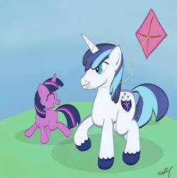 Size: 900x904 | Tagged: artist:westy543, derpibooru import, filly, happy, kite, kite flying, mouth hold, safe, shining armor, smiling, twilight sparkle