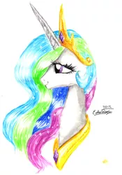 Size: 1190x1704 | Tagged: safe, artist:my-magic-dream, derpibooru import, princess celestia, alicorn, pony, bust, crown, female, jewelry, portrait, regalia, smiling, solo, traditional art