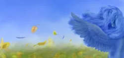 Size: 1200x568 | Tagged: safe, artist:grayma1k, derpibooru import, princess luna, alicorn, pony, autumn leaves, feather, female, leaf, leaves, mare, solo, spread wings, wind, windswept mane, wings