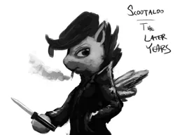 Size: 1500x1150 | Tagged: safe, artist:ninthsphere, derpibooru import, scootaloo, black and white, grayscale, knife, older, punk, smoking, switchblade