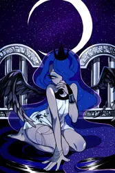 Size: 500x750 | Tagged: artist:sykgarden, breasts, clothes, crescent moon, cropped, crown, cute, delicious flat chest, derpibooru import, dress, ethereal mane, female, hair over one eye, human, humanized, jewelry, kneeling, lunabetes, moon, princess luna, regalia, safe, sitting, solo, starry mane, winged humanization, wings