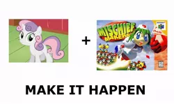 Size: 1008x600 | Tagged: safe, derpibooru import, sweetie belle, pony, robot, robot pony, unicorn, all caps, blank flank, exploitable meme, female, filly, foal, hooves, horn, make it happen, meme, meta, mischief makers, open mouth, sweetie bot, teeth, text