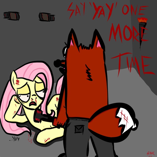 Size: 5000x5000 | Tagged: absurd resolution, blood, bruised, crossover, derpibooru import, fluttershy, fox, grimdark, implied beating, torture