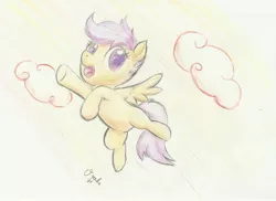 Size: 2200x1600 | Tagged: artist:osakaoji, derpibooru import, flying, safe, scootaloo, scootaloo can fly, solo, traditional art