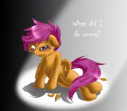 Size: 1200x1050 | Tagged: grimdark, artist:knifeh, derpibooru import, scootaloo, pegasus, pony, abuse, blood, crying, female, filly, nosebleed, scootabuse, speech