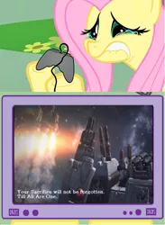 Size: 564x771 | Tagged: safe, derpibooru import, fluttershy, pegasus, pony, autobot, crying, cybertron, exploitable meme, fall of cybertron, female, gamershy, meme, metroplex, obligatory pony, sad, the ark, transformers, tv meme