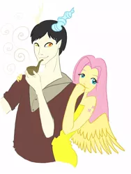 Size: 750x1000 | Tagged: safe, artist:solweig, derpibooru import, discord, fluttershy, discoshy, female, horned humanization, humanized, male, pipe, shipping, straight, winged humanization