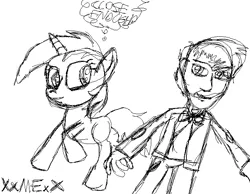 Size: 696x539 | Tagged: safe, artist:xxmobianequinexx, derpibooru import, lyra heartstrings, human, pony, unicorn, bowtie, clothes, doctor who, duo, female, grayscale, jacket, looking at each other, looking back, mare, matt smith, monochrome, ms paint, pants, simple background, sketch, smiling, thought bubble, time lord, white background