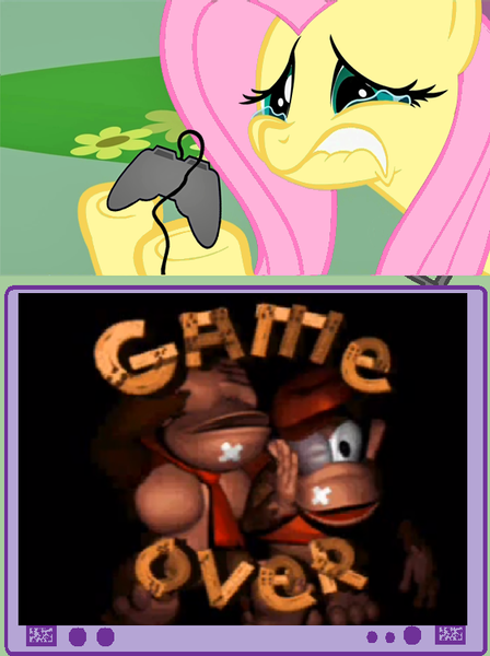 Size: 562x752 | Tagged: safe, derpibooru import, fluttershy, pony, diddy kong, donkey kong, donkey kong country, exploitable meme, game over, meme, nintendo, rareware, tv meme