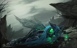 Size: 1800x1125 | Tagged: artist:huussii, blood, changeling, changeling queen, death, derpibooru import, female, green blood, grimdark, queen chrysalis, sad, solo