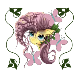 Size: 1500x1500 | Tagged: dead source, safe, artist:hereticofdune, derpibooru import, fluttershy, butterfly, pony, braid, bust, female, fluffy, looking at you, mare, open mouth, portrait, simple background, solo, stray strand, three quarter view, transparent background, vine