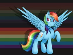 Size: 2200x1650 | Tagged: safe, artist:akashasi, derpibooru import, rainbow dash, pegasus, pony, female, grin, looking sideways, mare, rainbow, raised hoof, smiling, solo, spread wings, wings