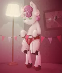 Size: 847x1000 | Tagged: dead source, suggestive, derpibooru import, sweetie belle, pony, robot, robot pony, unicorn, bipedal, clothes, cute, female, filly, foal, foalcon, hooves, horn, image, lamp, panties, png, solo, solo female, standing, sweetie bot, underwear