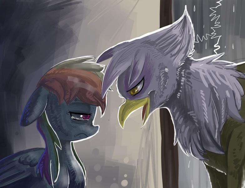 Size: 1025x785 | Tagged: safe, artist:terrac0tta, derpibooru import, gilda, rainbow dash, gryphon, crying