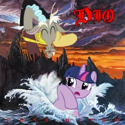 Size: 800x800 | Tagged: :3, album cover, artist:jblesh, d:, derpibooru import, dio, discord, eyes closed, frown, murray, open mouth, parody, safe, smiling, twilight sparkle, water