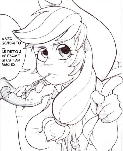 Size: 782x960 | Tagged: applejack, artist:mrw32, black and white, breasts, busty applejack, derpibooru import, female, grayscale, gun, humanized, monochrome, safe, solo, spanish, speech bubble, weapon