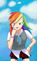 Size: 518x845 | Tagged: artist:winded-wolf, clothes, derpibooru import, female, high school, human, humanized, rainbow dash, safe, school, schoolgirl, solo