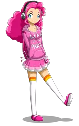 Size: 750x1192 | Tagged: artist:chiibe, clothes, cute, derpibooru import, diapinkes, hands behind back, headphones, hoodie, human, humanized, life is a party, music player, pinkie pie, safe, simple background, skirt, socks, solo, transparent background, zettai ryouiki