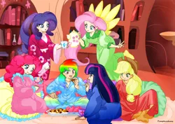 Size: 1024x724 | Tagged: applejack, artist:pumpkinchans, chocolate, clothes, cupcake, derpibooru import, fluttershy, golden oaks library, humanized, kimono (clothing), library, mane six, nightgown, pajamas, party, pinkie pie, rainbow dash, rarity, safe, sleepover, slumber party, socks, tea, twilight sparkle, winged humanization