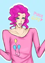 Size: 900x1260 | Tagged: dead source, safe, artist:chainsawblossom, derpibooru import, pinkie pie, human, blue background, clothes, humanized, male, rule 63, shirt, simple background, skinny, solo