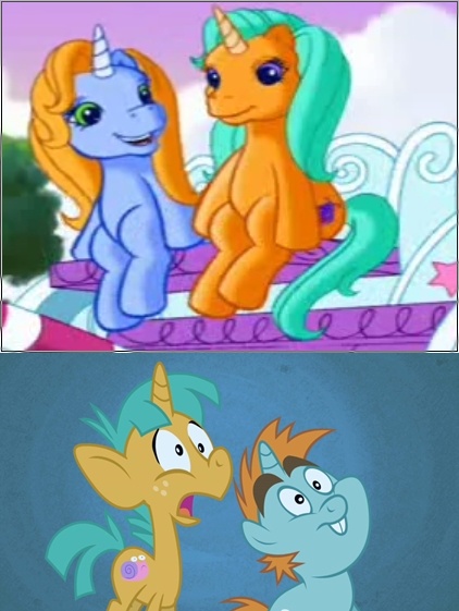 Size: 422x561 | Tagged: safe, derpibooru import, edit, screencap, apple flitter, fly wishes, snails, snips, pony, unicorn, boast busters, the runaway rainbow, colt, comparison, crystal carriage, female, g3, male, mare, shocked, stallion