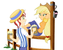 Size: 2161x1700 | Tagged: applejack, artist:moostargazer, cider, clothes, derpibooru import, female, fence, flim, horned humanization, human, humanized, male, safe, simple background, transparent background