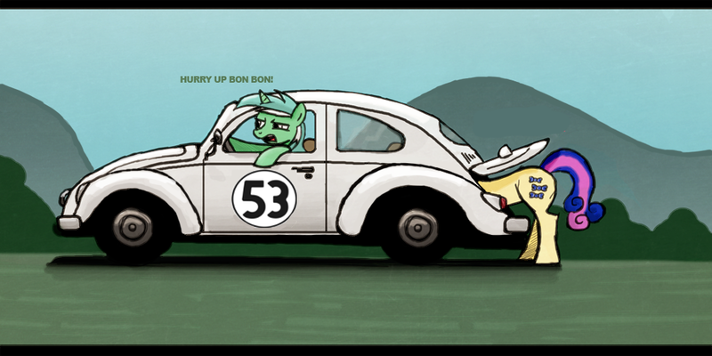 Size: 1000x500 | Tagged: artist:backroundpony, bon bon, car, derpibooru import, edit, fixing, herbie, lyra heartstrings, safe, sweetie drops, vehicle, volkswagen, volkswagen beetle