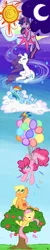 Size: 384x1920 | Tagged: safe, artist:mt, derpibooru import, applejack, fluttershy, pinkie pie, rainbow dash, rarity, twilight sparkle, butterfly, earth pony, pegasus, unicorn, apple, apple tree, balloon, cloud, confetti, cutie mark, floating, food, moon, sun, then watch her balloons lift her up to the sky, tree