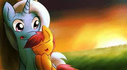 Size: 1960x1080 | Tagged: safe, artist:dshou, derpibooru import, scootaloo, trixie, pegasus, pony, unicorn, duo, duo female, eyes closed, female, filly, friendshipping, grass, mare, open mouth, scootalove, sleeping, snuggling, sunset