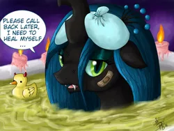 Size: 1000x750 | Tagged: artist:chiibe, ask the changeling queen, bandaid, bath, candle, changeling, changeling queen, derpibooru import, devil horns, dialogue, female, ice pack, queen chrysalis, rubber duck, safe, solo, speech bubble
