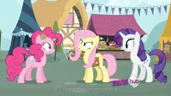 Size: 1344x756 | Tagged: derpibooru import, fluttershy, hub logo, pinkie pie, putting your hoof down, rarity, safe, screencap, youtube caption