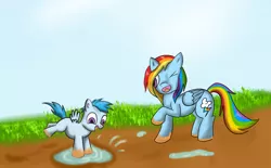 Size: 2500x1545 | Tagged: artist:ac-whiteraven, derpibooru import, mother and son, mud, oc, oc:tempest, offspring, parent:rainbow dash, parents:canon x oc, parent:unnamed oc, puddle, rainbow dash, safe, splashing