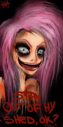 Size: 606x1214 | Tagged: artist:lucyhikarikitsune, creepy, derpibooru import, fluttershy, grimdark, hotdiggedydemon, humanized, .mov, pony.mov, shed.mov