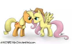 Size: 1096x665 | Tagged: accessory swap, applejack, appleshy, artist:xhazard78x, derpibooru import, female, fluttershy, lesbian, safe, shipping