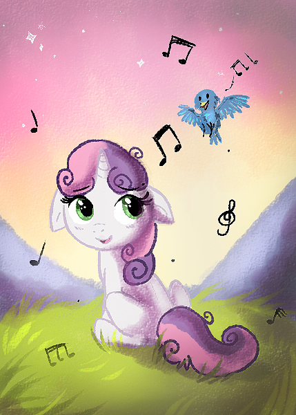 Size: 429x600 | Tagged: safe, artist:aurorie, derpibooru import, sweetie belle, bird, pony, unicorn, female, filly, music