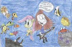 Size: 900x594 | Tagged: safe, artist:sithvampiremaster27, derpibooru import, fluttershy, crab, fish, octopus, puffer fish, seahorse, starfish, turtle, clownfish, crossover, flying v, guitar, i think i found nemo, image, jpeg, metalocalypse, moorish idol, stingray, toki wartooth