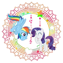 Size: 1200x1200 | Tagged: artist:lucretianightgrave, artist:uretianightgreave, derpibooru import, eyes closed, female, flying, giggling, grin, heart, lesbian, music notes, rainbow dash, raridash, rarity, safe, shipping, simple background, smiling, stars, transparent background, vector