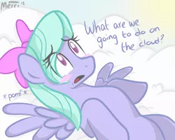 Size: 1280x1024 | Tagged: suggestive, artist:somnias, derpibooru import, flitter, pegasus, pony, blushing, cloud, dialogue, female, mare, nervous, on back, parody, pomf, sky, solo, solo female, spread wings, what are we gonna do on the bed?, wingboner, wings