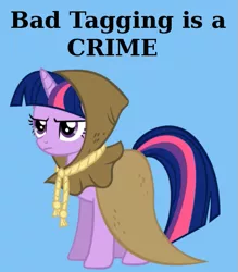 Size: 525x600 | Tagged: safe, derpibooru import, clover the clever, twilight sparkle, pony, unicorn, derpibooru, annoyed, blue background, derpibooru propaganda, frown, glare, meta, mouthpiece, simple background, solo, tagging, text