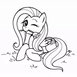 Size: 945x945 | Tagged: safe, artist:megasweet, derpibooru import, fluttershy, pegasus, pony, black and white, female, flower, flower in mouth, grayscale, lineart, lying, mare, monochrome, mouth hold, one eye closed, prone, rose, simple background, solo, white background, wink