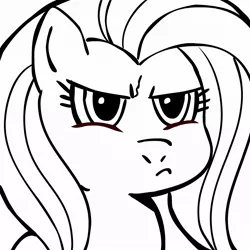 Size: 945x945 | Tagged: safe, artist:megasweet, derpibooru import, fluttershy, pegasus, pony, angry, black and white, bust, female, grayscale, mare, monochrome, portrait, pouting, reaction, reaction image, solo, unamused