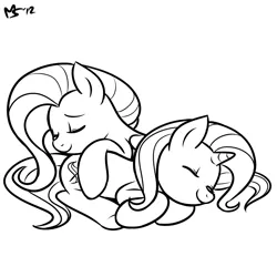 Size: 962x962 | Tagged: safe, artist:megasweet, derpibooru import, fluttershy, trixie, pegasus, pony, unicorn, black and white, eyes closed, female, grayscale, lesbian, lineart, lying, mare, monochrome, shipping, simple background, sleeping, trixieshy, white background